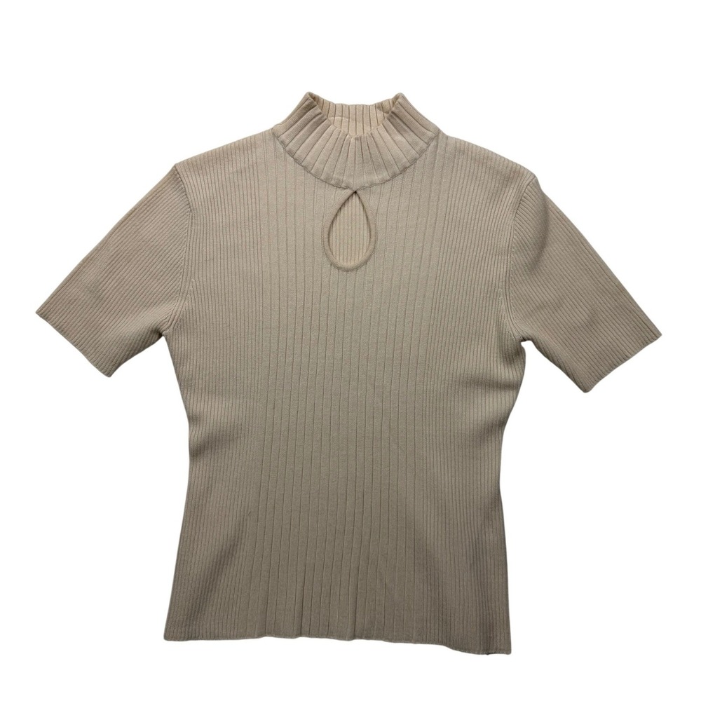 Y2K Tiara International Ivory Ribbed Mock Neck Keyhole Sweater Top M